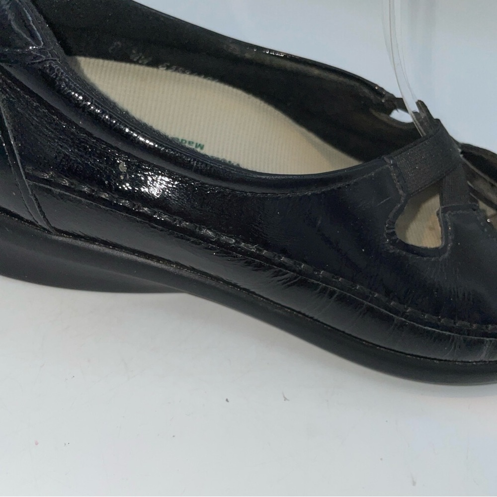 SAS Black Patent Leather Cross-Strap Wedge Comfort Flats Size 8M - Picture 7 of 12